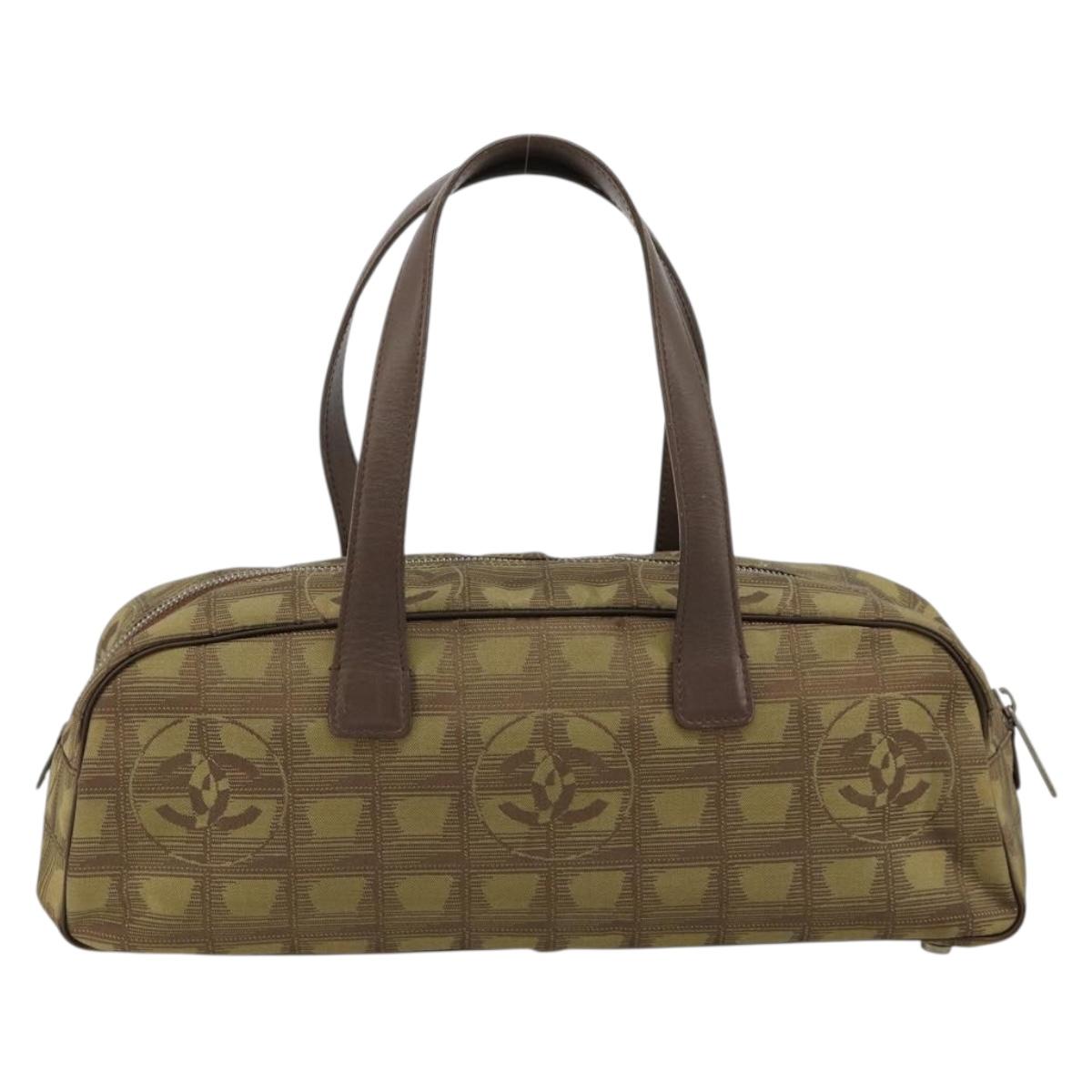CHANEL New Travel Line Hand Bag Canvas Khaki Silver CC Auth ep14646A