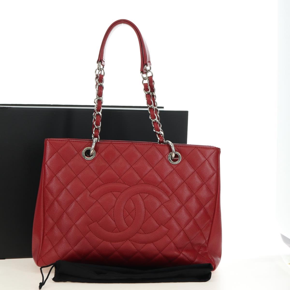 CHANEL GST Matelasse Chain Tote Bag Caviar Skin Red Silver CC Auth ep14654V