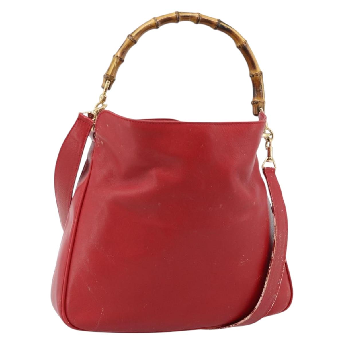 GUCCI Bamboo Hand Bag Leather 2way Red Gold Auth ep14677