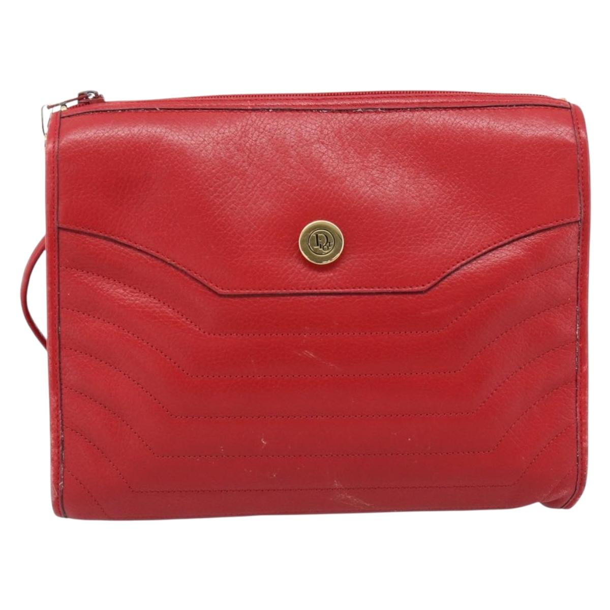 Christian Dior Shoulder Bag Leather Red Gold Auth ep14679