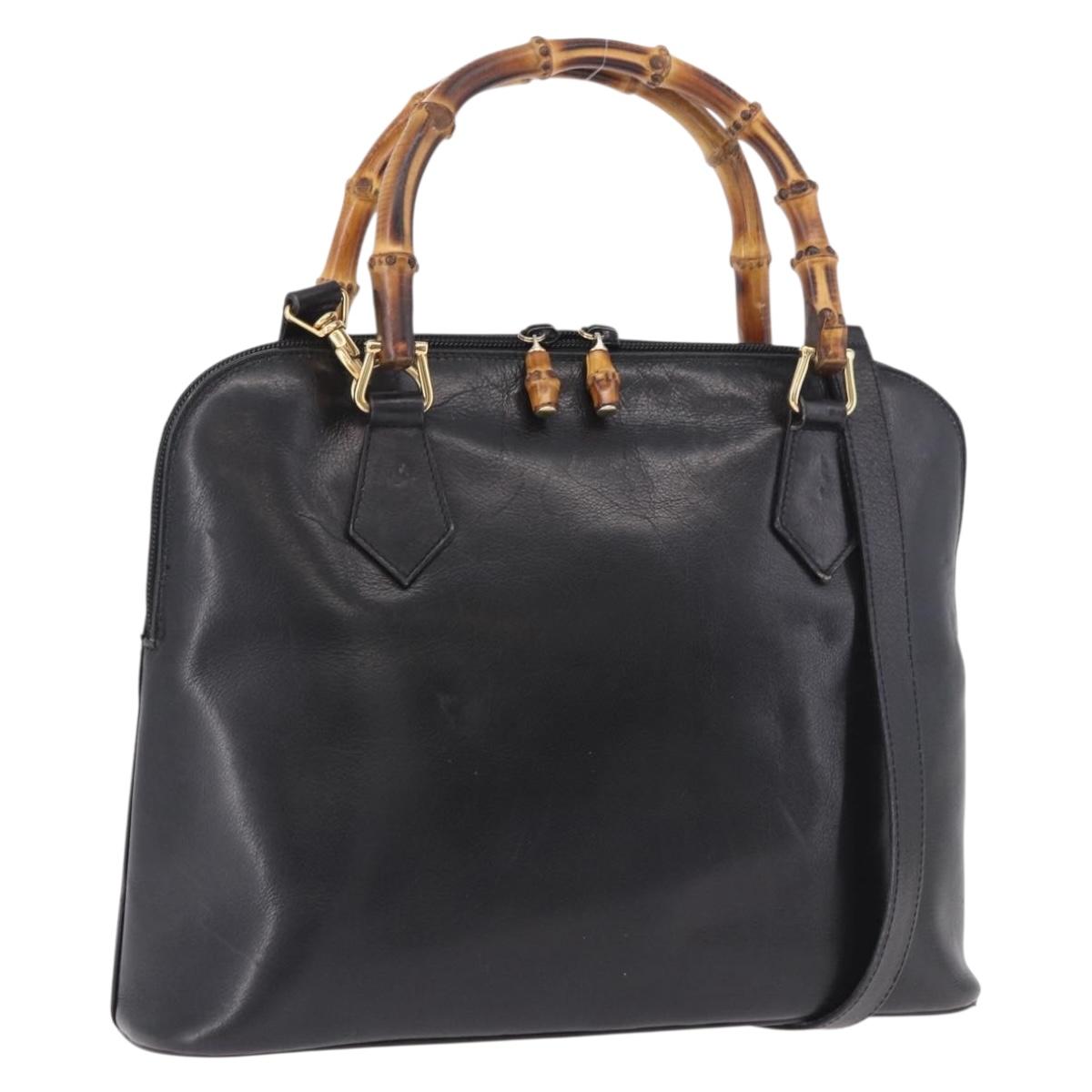 GUCCI Bamboo Hand Bag Leather 2way Black Gold 000 1186 0289 Auth ep14685