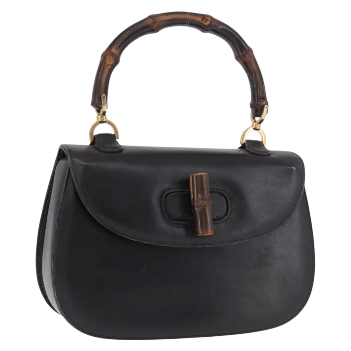GUCCI Bamboo Hand Bag Leather Black Gold Auth ep14689A