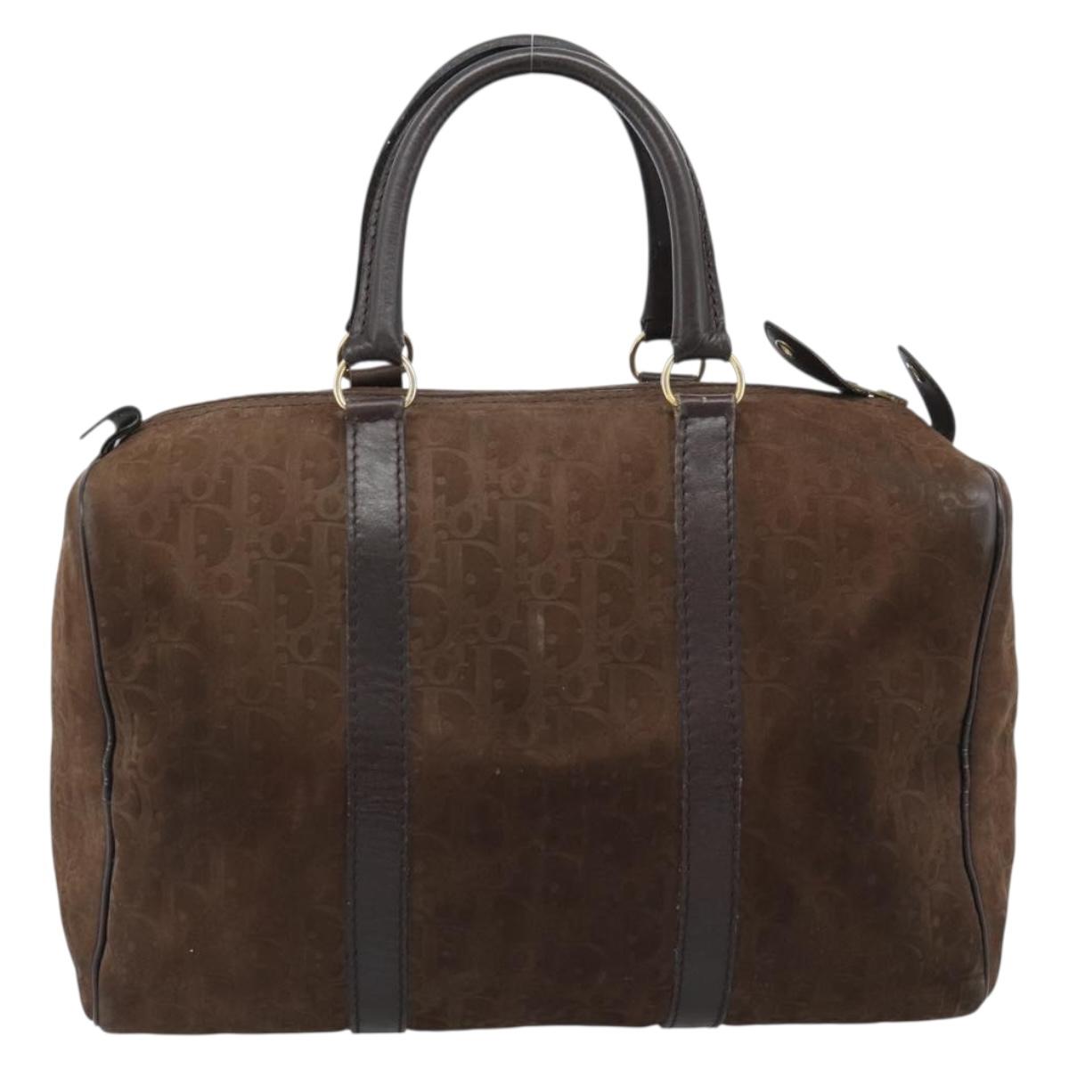 Christian Dior Trotter Canvas Boston Bag Suede Brown Gold Auth ep14691
