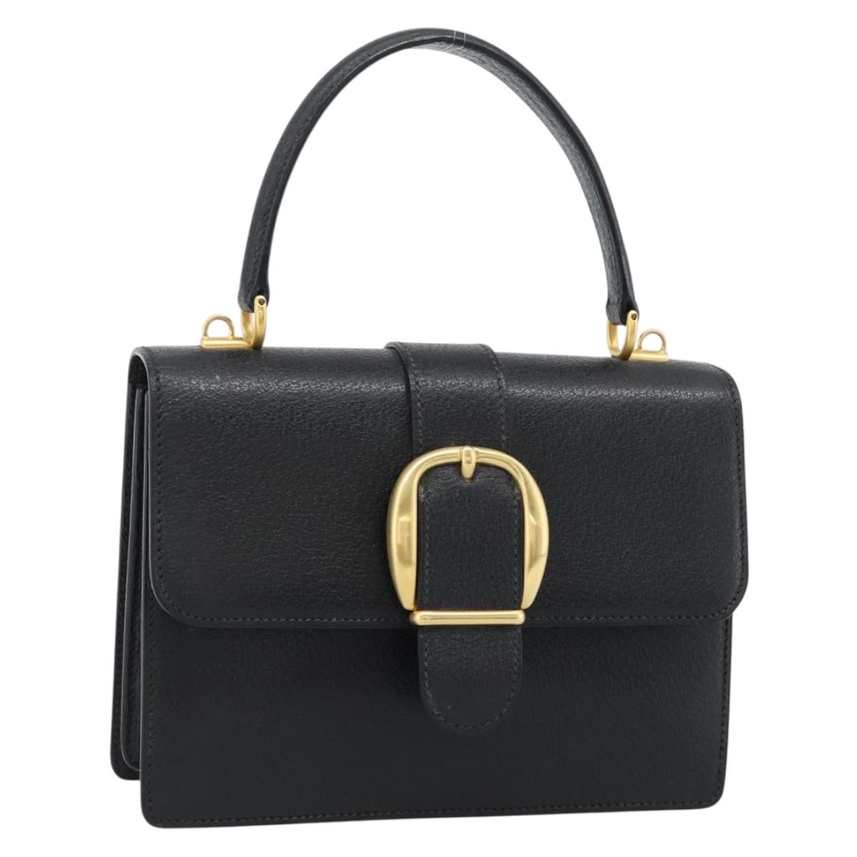GUCCI Hand Bag Leather Black Gold Auth ep14699A