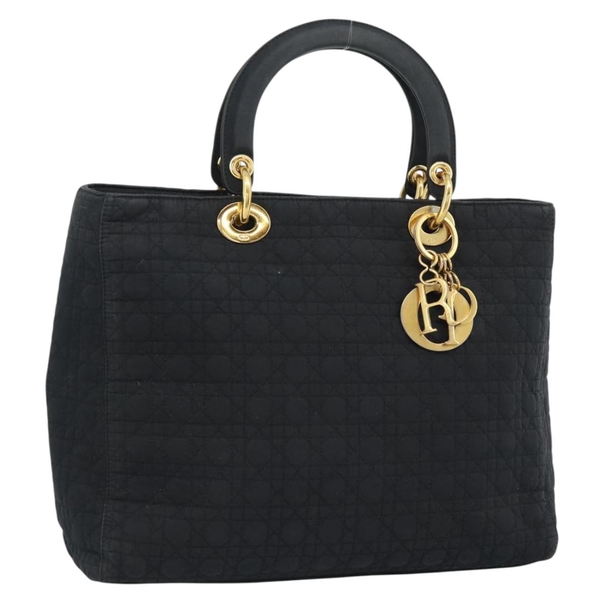 Christian Dior Lady Dior Canage Hand Bag Canvas Black Gold Auth ep14710
