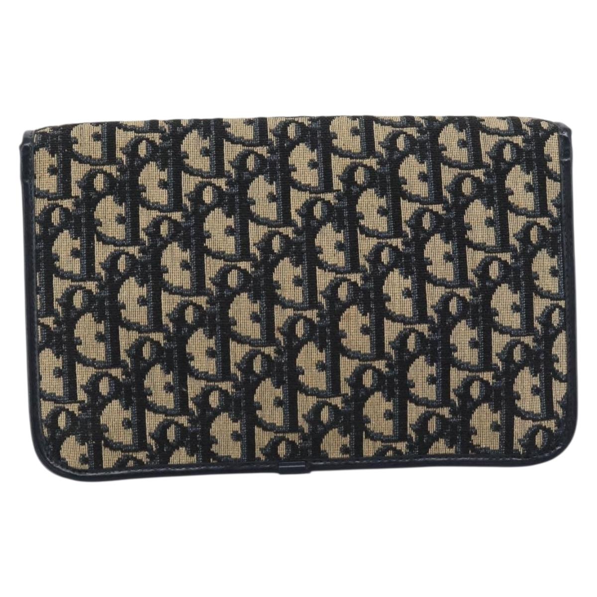 Christian Dior Trotter Canvas Clutch Bag Navy Gold Auth ep14711