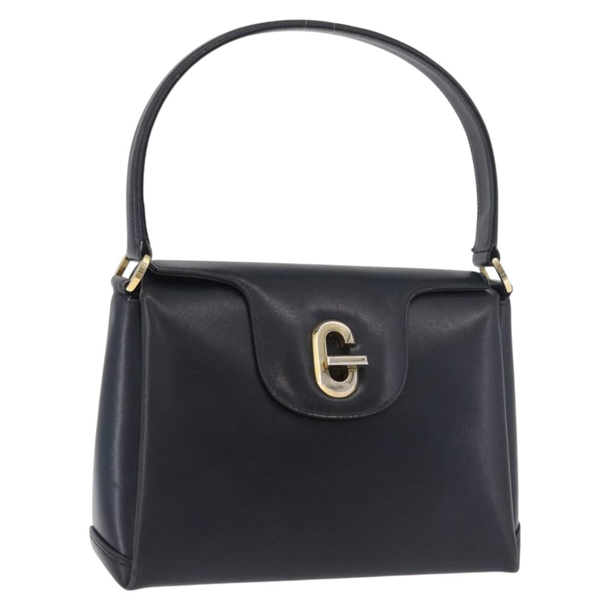 GUCCI Hand Bag Leather Navy Gold Auth ep14729A
