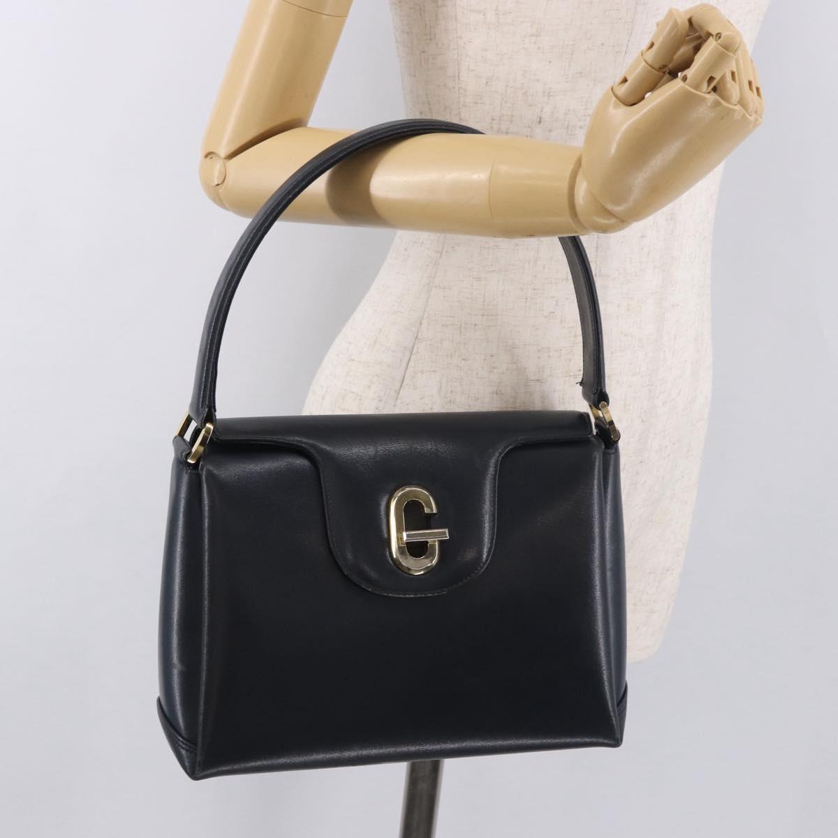 GUCCI Hand Bag Leather Navy Gold Auth ep14729A