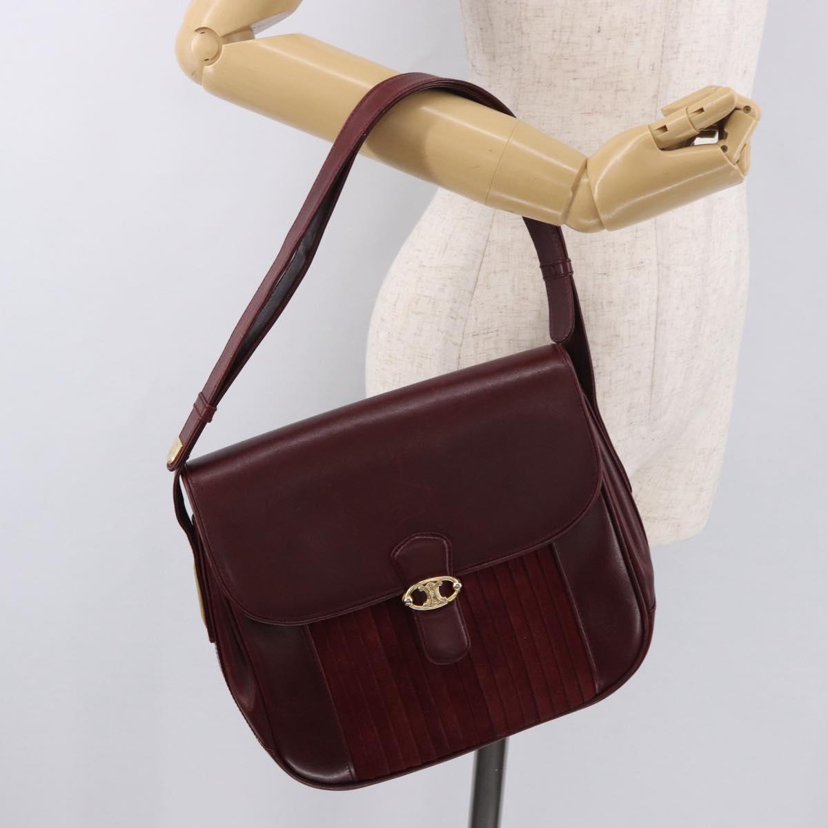 CELINE Shoulder Bag Leather Bordeaux Gold Auth ep14734