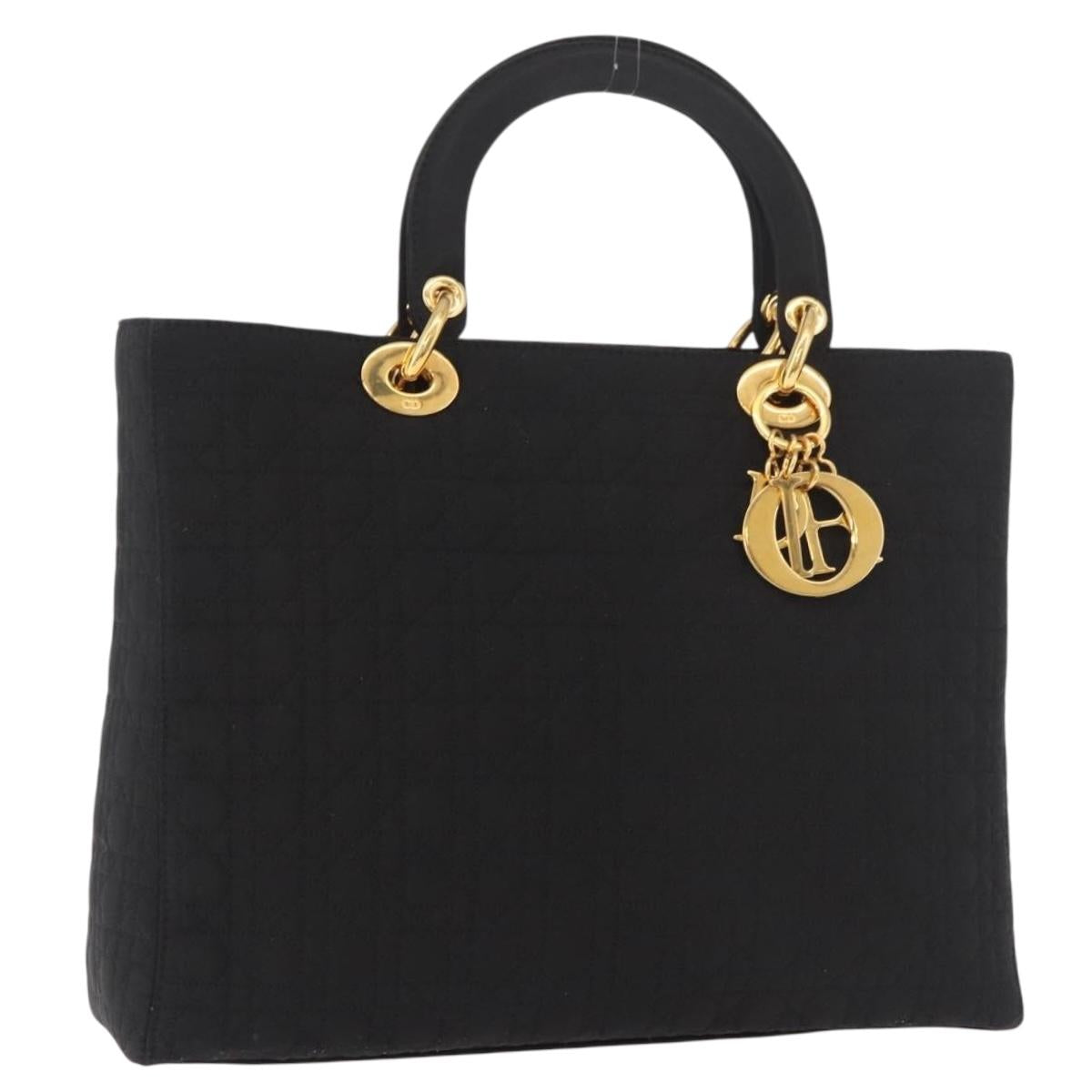 Christian Dior Lady Dior Canage Hand Bag Canvas 2way Black Gold Auth ep14735