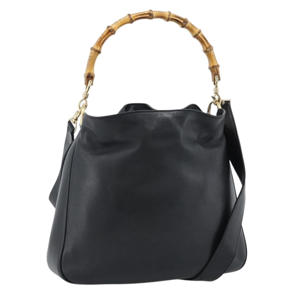 GUCCI Bamboo Hand Bag Leather 2way Black Gold 001 1638 Auth ep14771