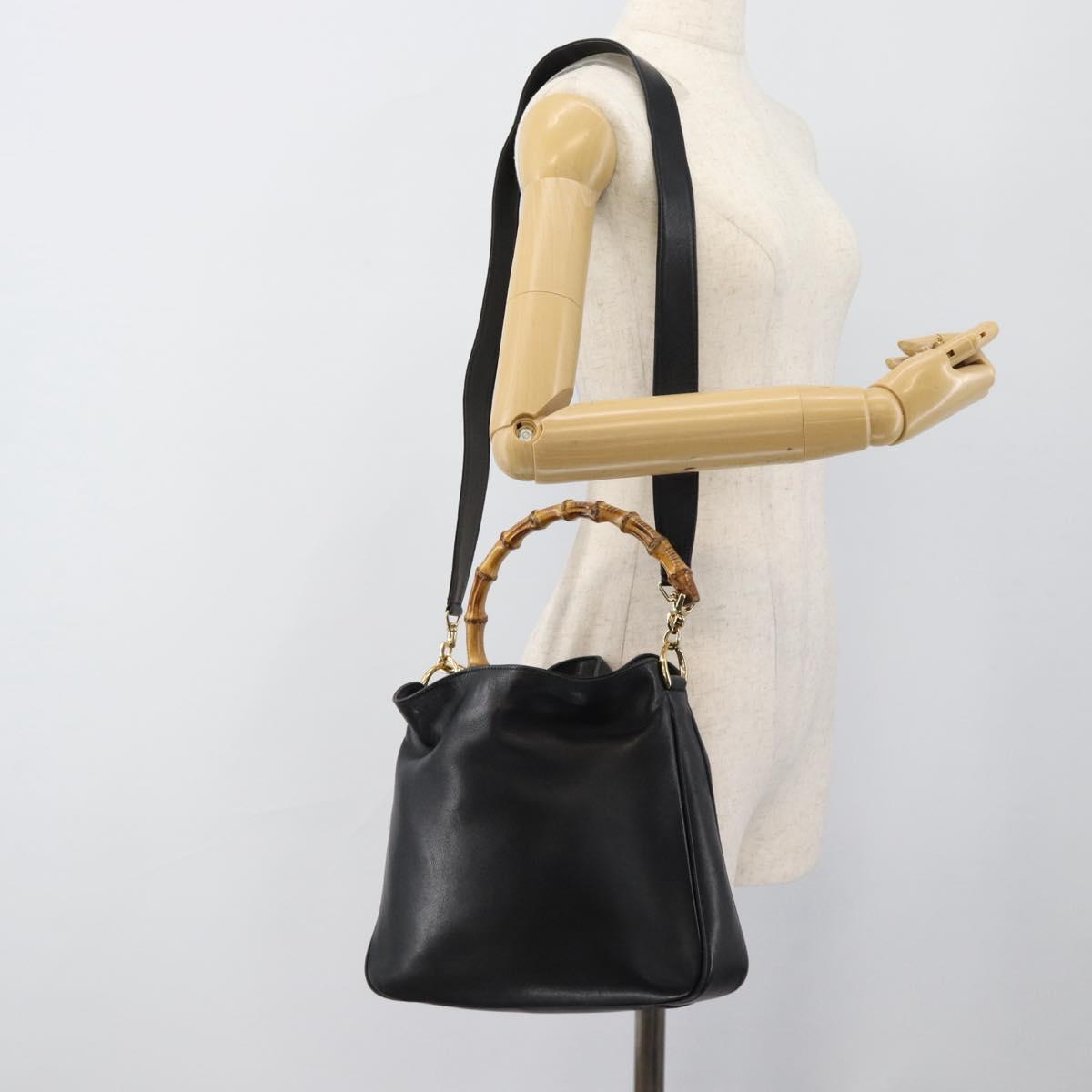 GUCCI Bamboo Hand Bag Leather 2way Black Gold 001 1638 Auth ep14771
