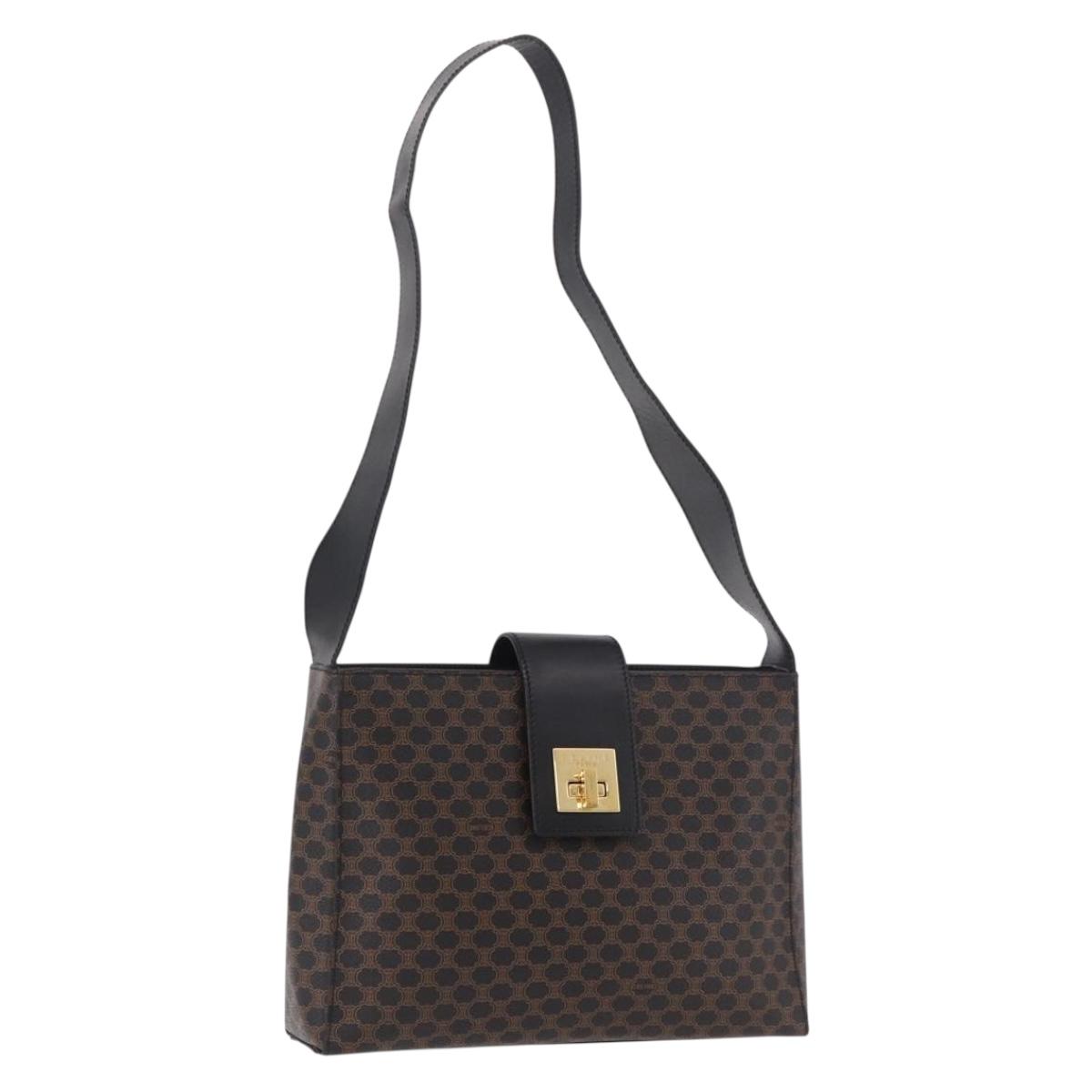 CELINE Macadam Canvas Shoulder Bag PVC Leather Black Gold Auth ep14777