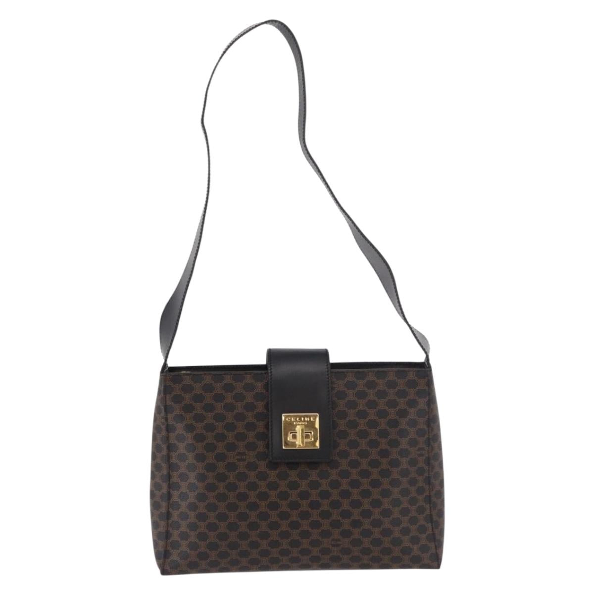 CELINE Macadam Canvas Shoulder Bag PVC Leather Black Gold Auth ep14777