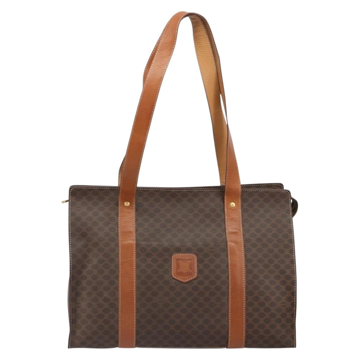 CELINE Macadam Canvas Tote Bag PVC Leather Brown Gold Auth ep14781