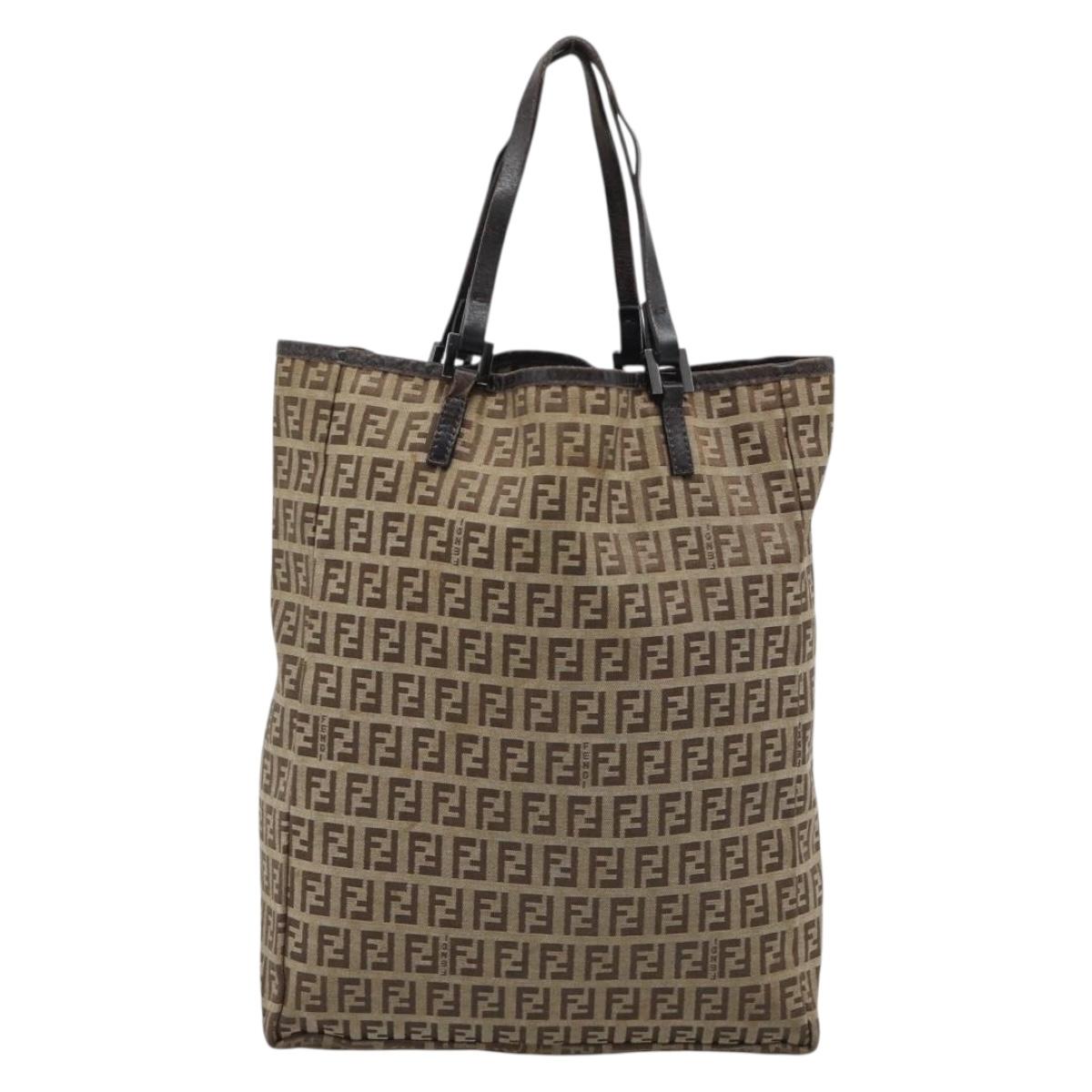 FENDI Zucchino Canvas Hand Bag Beige Silver Auth ep14812