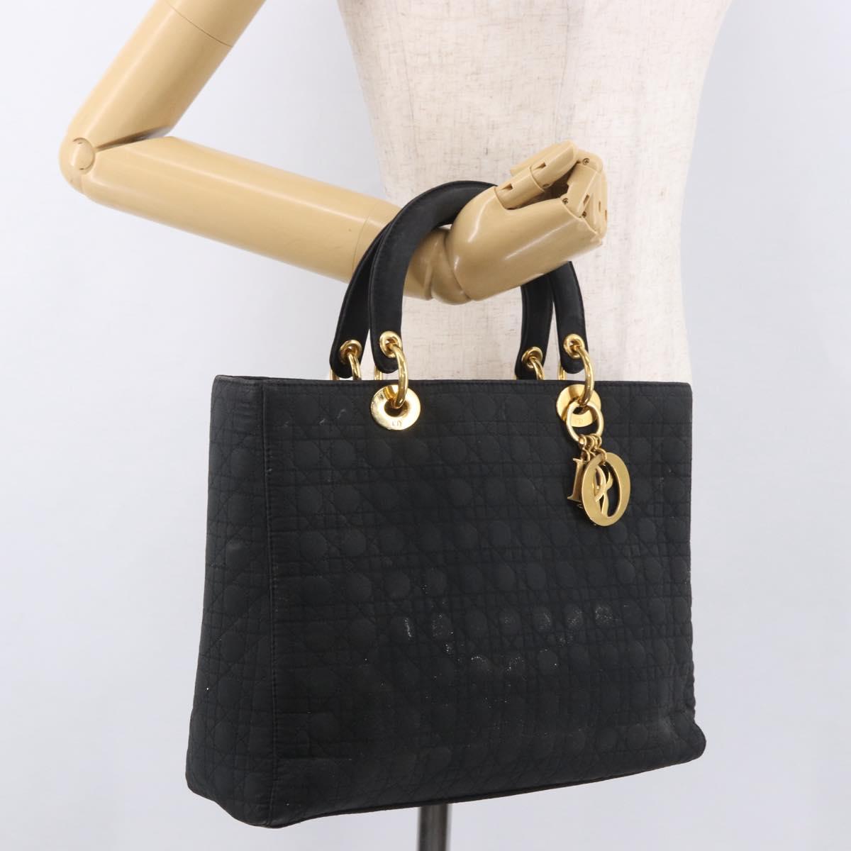 Christian Dior Lady Dior Canage Hand Bag Canvas Black Gold Auth ep14813