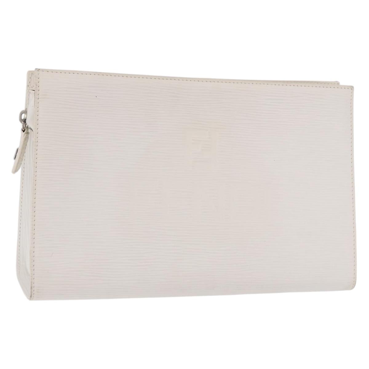 FENDI Clutch Bag Leather White Silver Auth ep14814