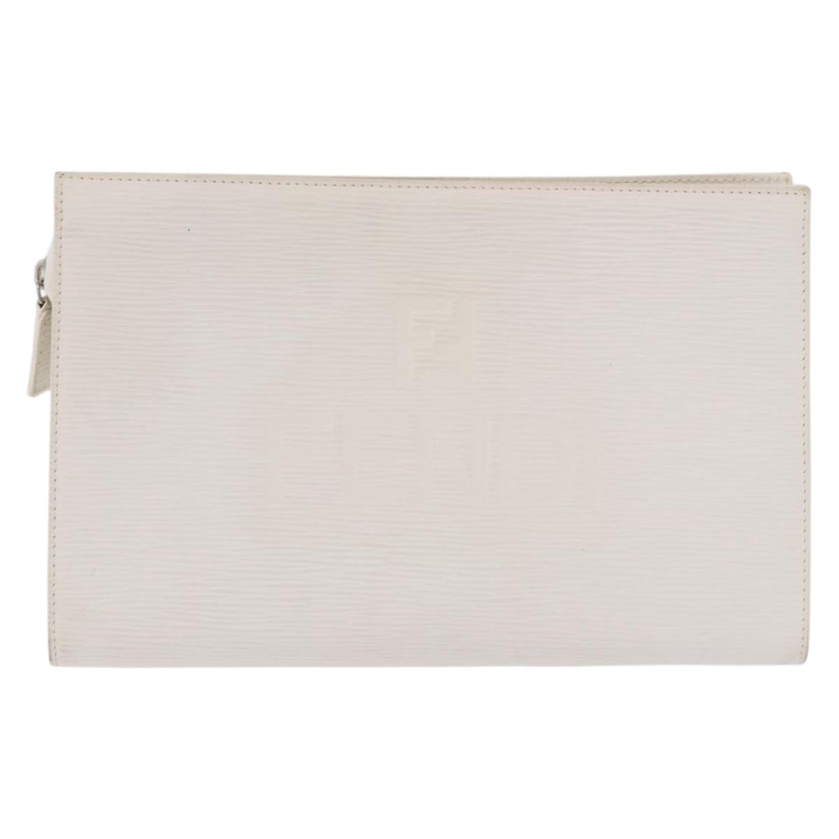 FENDI Clutch Bag Leather White Silver Auth ep14814