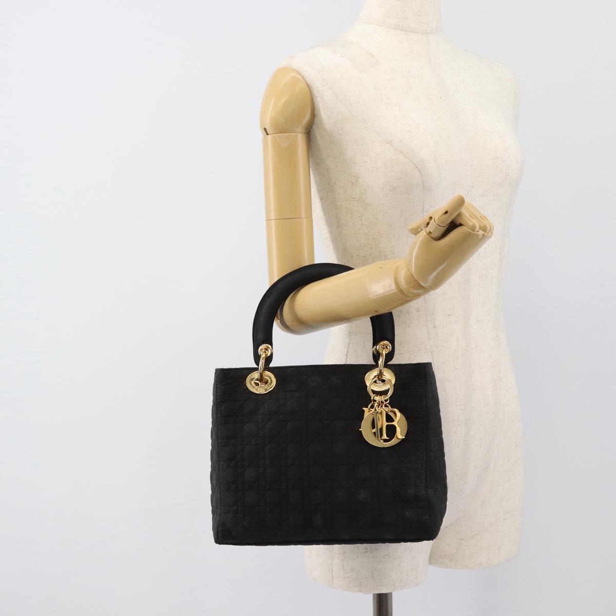 Christian Dior Lady Dior Canage Hand Bag Canvas Black Gold Auth ep14827