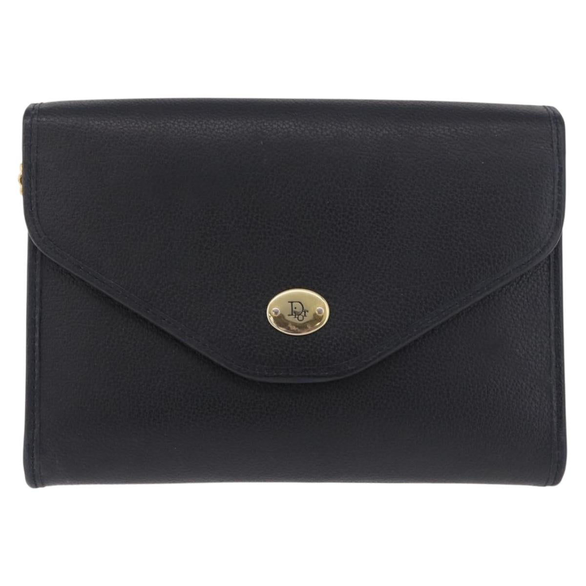 Christian Dior Chain Shoulder Bag Leather Black Gold Auth ep14836