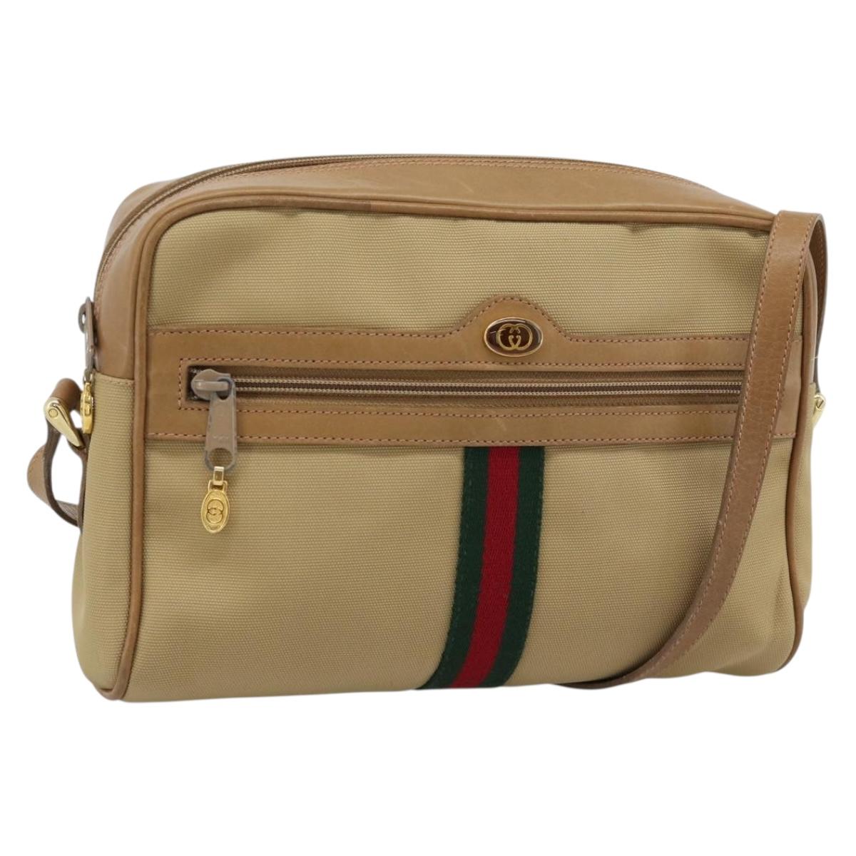 GUCCI Web Sherry Line Shoulder Bag Canvas Beige Gold Red 010 378 Auth ep14843
