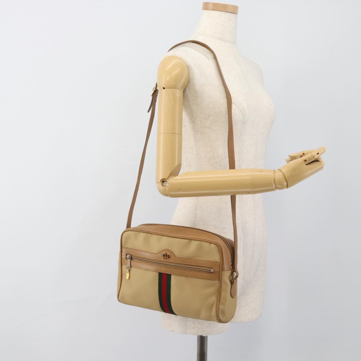 GUCCI Web Sherry Line Shoulder Bag Canvas Beige Gold Red 010 378 Auth ep14843