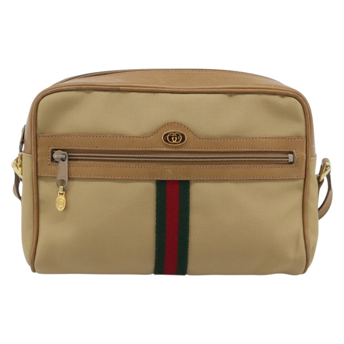 GUCCI Web Sherry Line Shoulder Bag Canvas Beige Gold Red 010 378 Auth ep14843