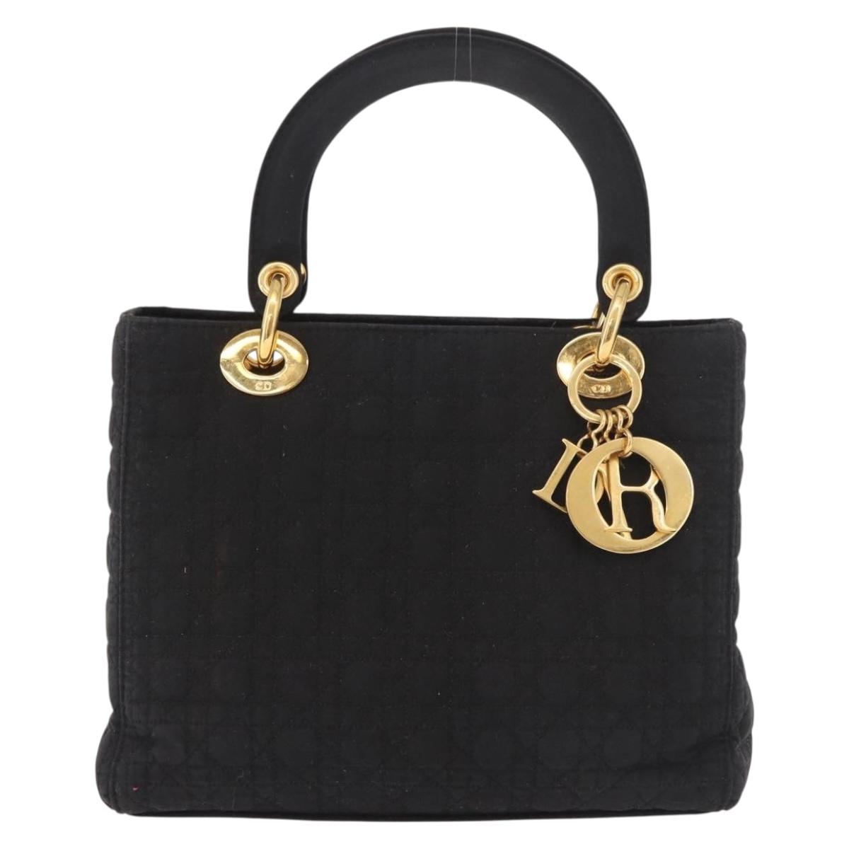 Christian Dior Lady Dior Canage Hand Bag Canvas Black Gold Auth ep14850