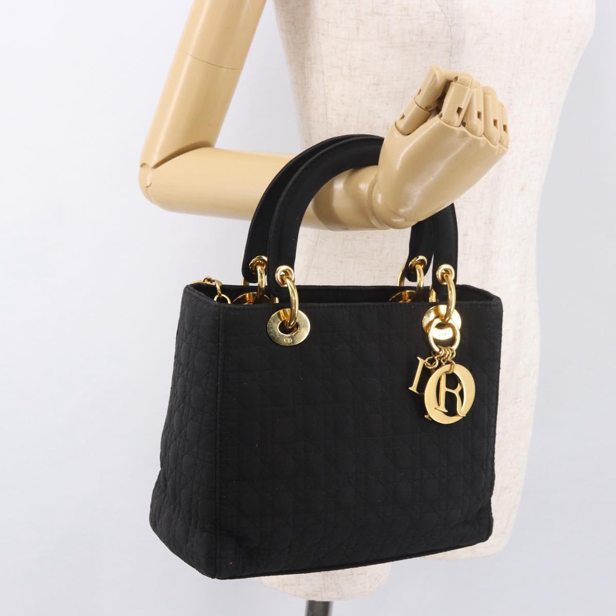 Christian Dior Lady Dior Canage Hand Bag Canvas Black Gold Auth ep14850