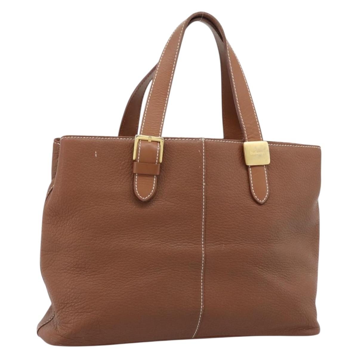 Burberrys Hand Bag Leather Brown Gold Auth ep14863