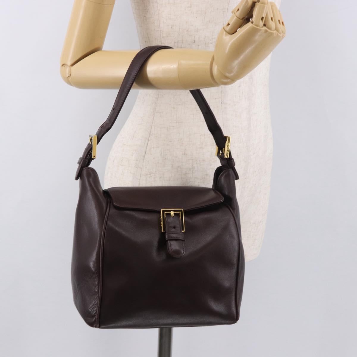 FENDI Shoulder Bag Leather Brown Gold Auth ep14874