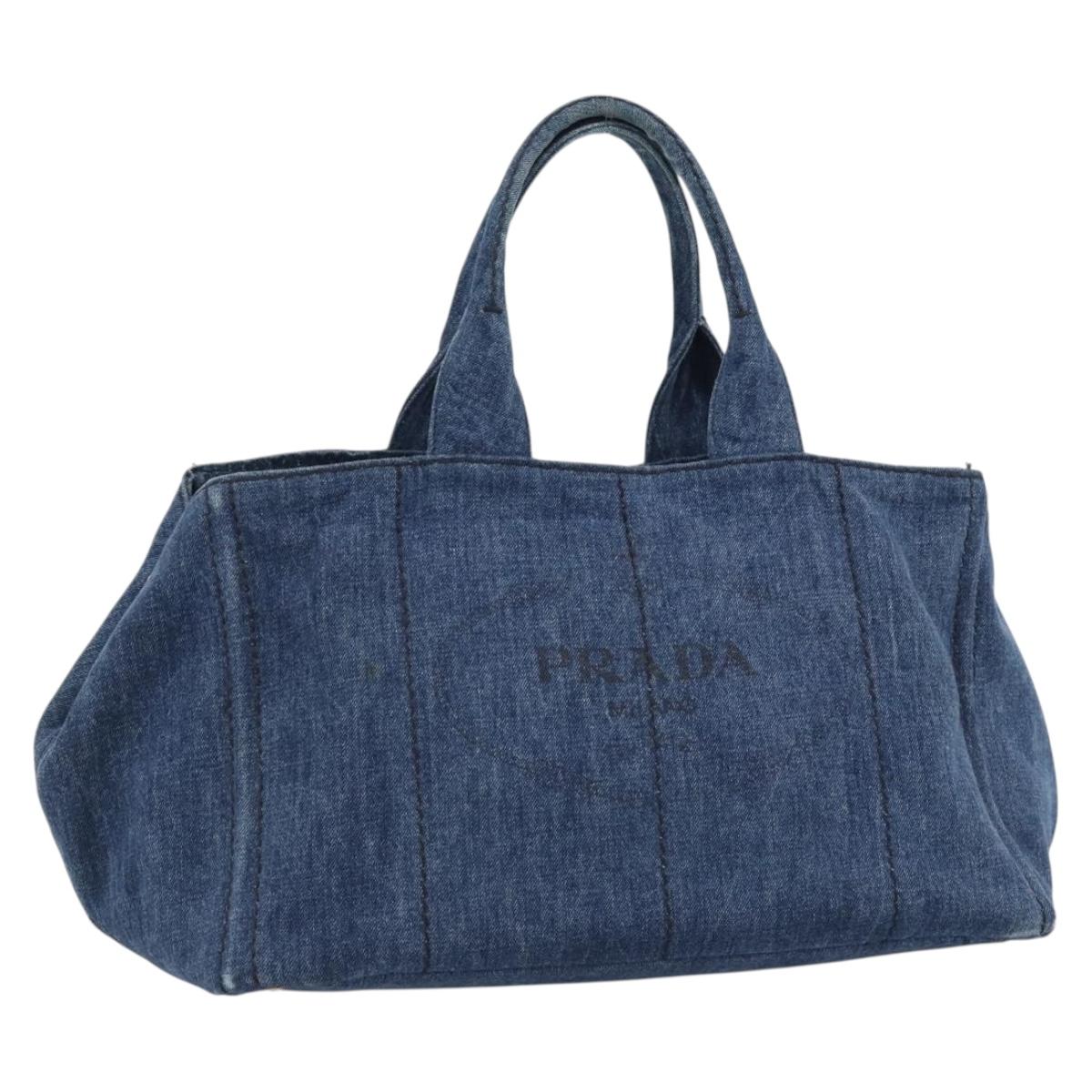 PRADA Canapa GM Hand Bag Denim Blue Gold Auth ep14900