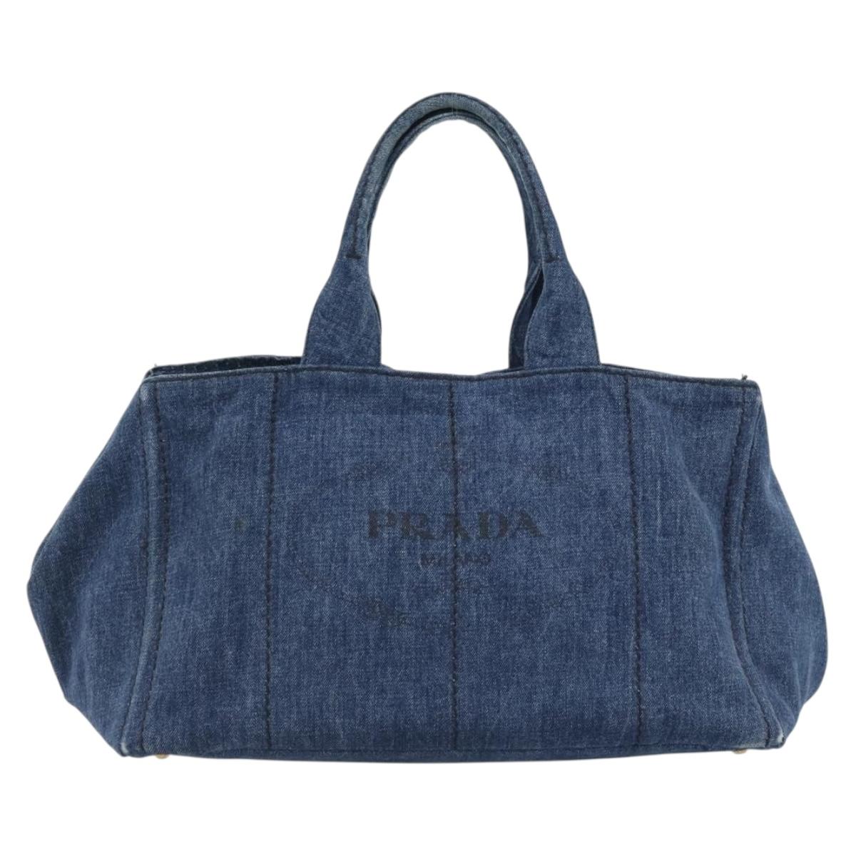 PRADA Canapa GM Hand Bag Denim Blue Gold Auth ep14900