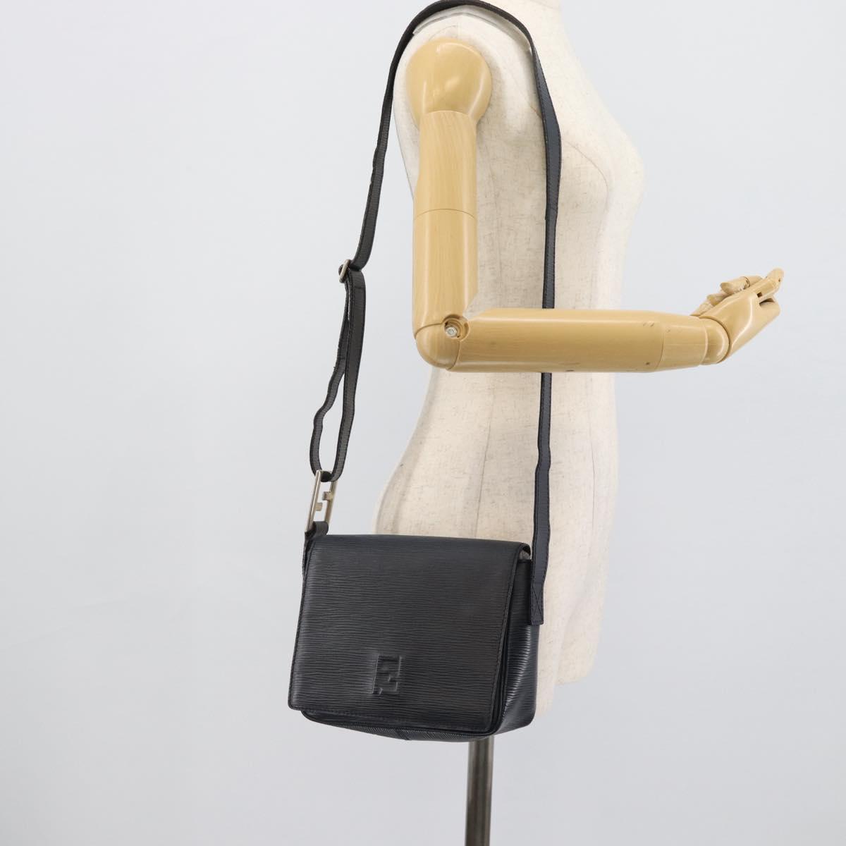 FENDI Shoulder Bag Leather Navy Silver Auth ep14920A