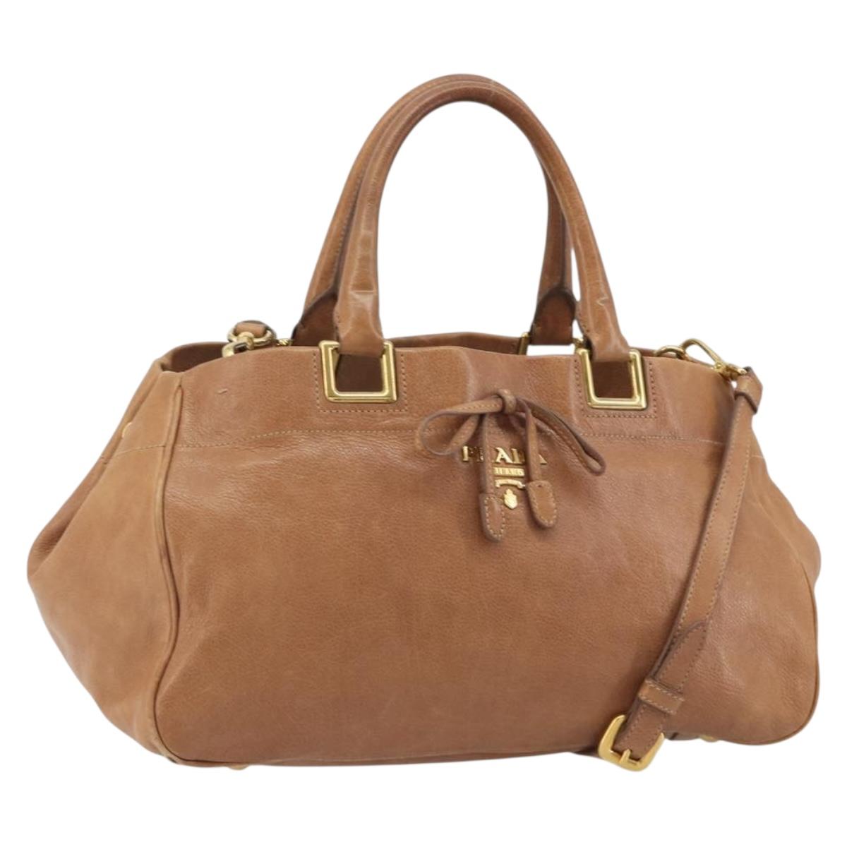 PRADA Hand Bag Leather 2way Brown Gold Auth ep14931A