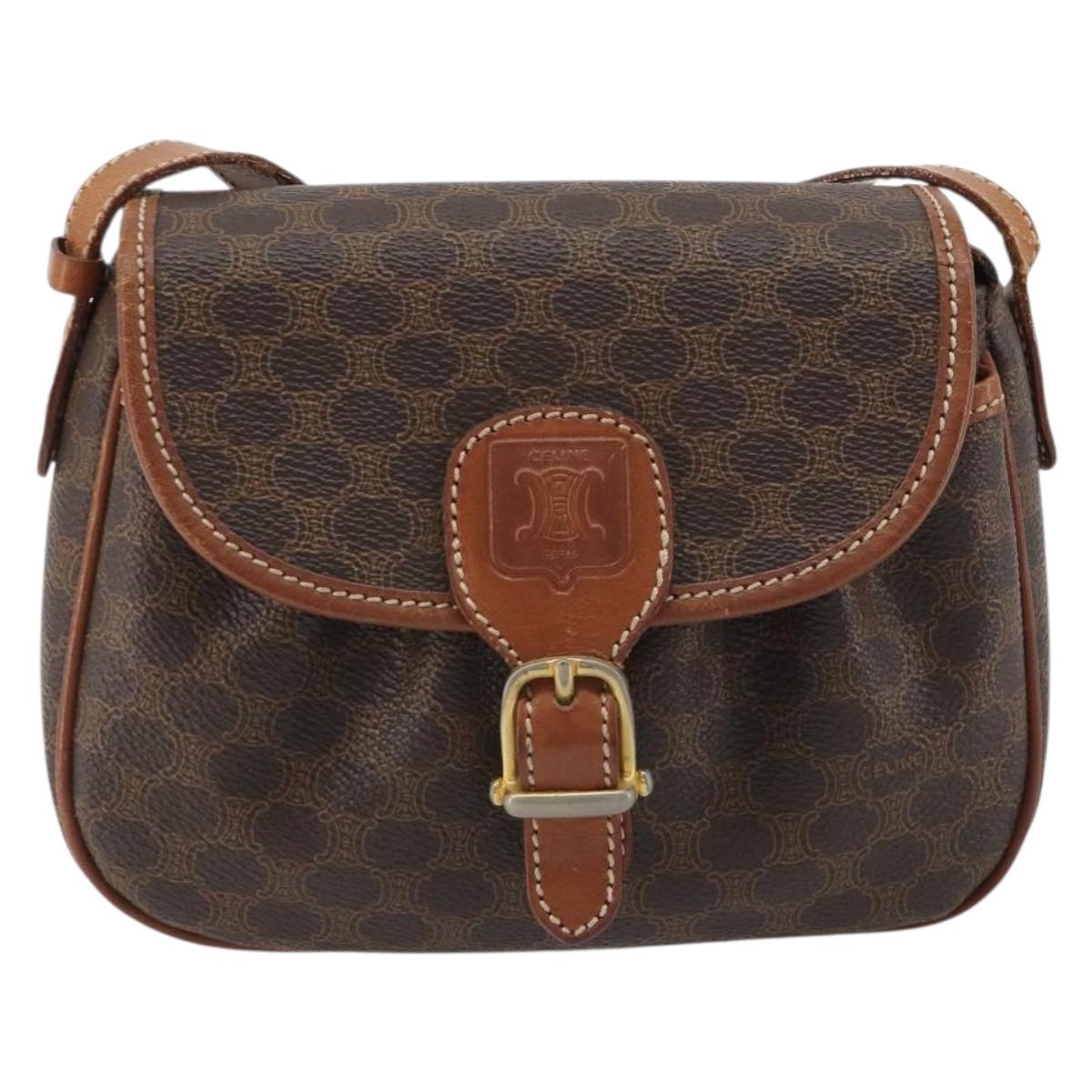 CELINE Macadam Canvas Shoulder Bag PVC Leather Brown Gold Auth ep14938