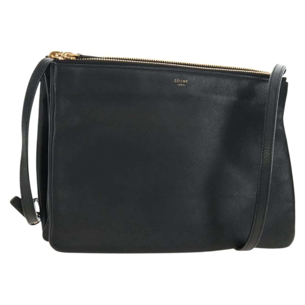 CELINE Trio Shoulder Bag Leather Black Gold Auth ep14940V