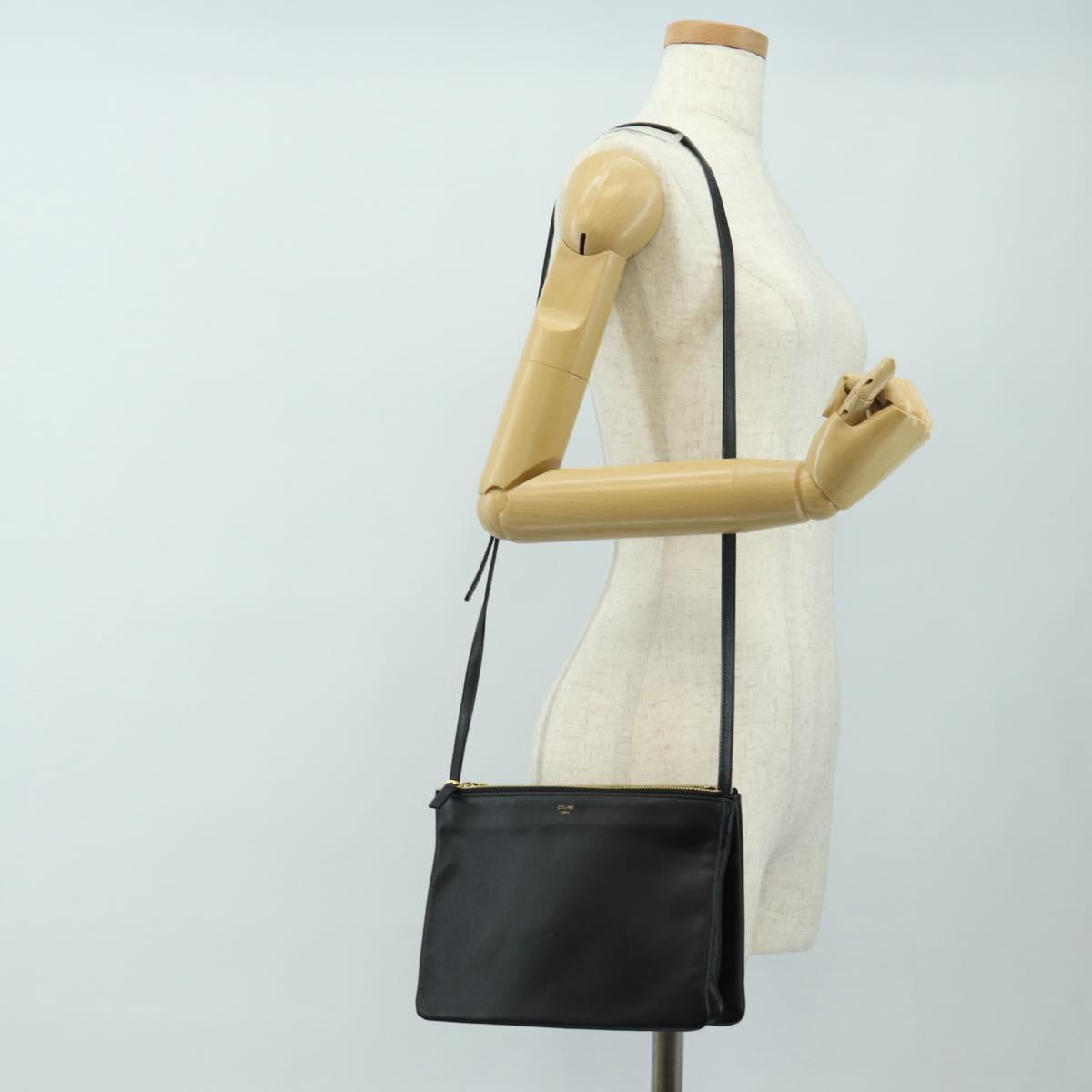 CELINE Trio Shoulder Bag Leather Black Gold Auth ep14940V