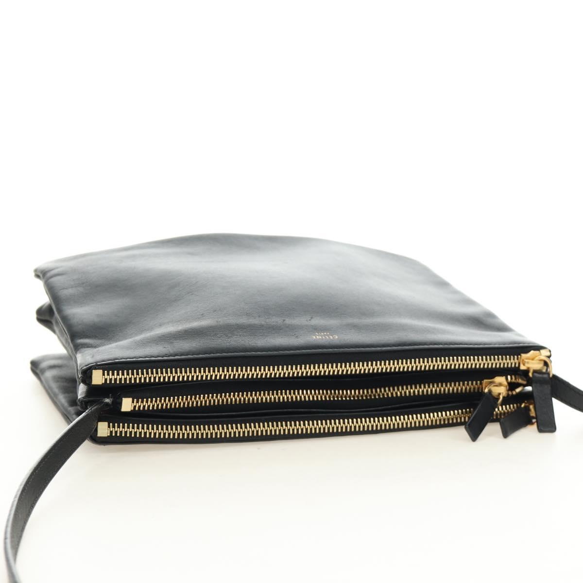 CELINE Trio Shoulder Bag Leather Black Gold Auth ep14940V