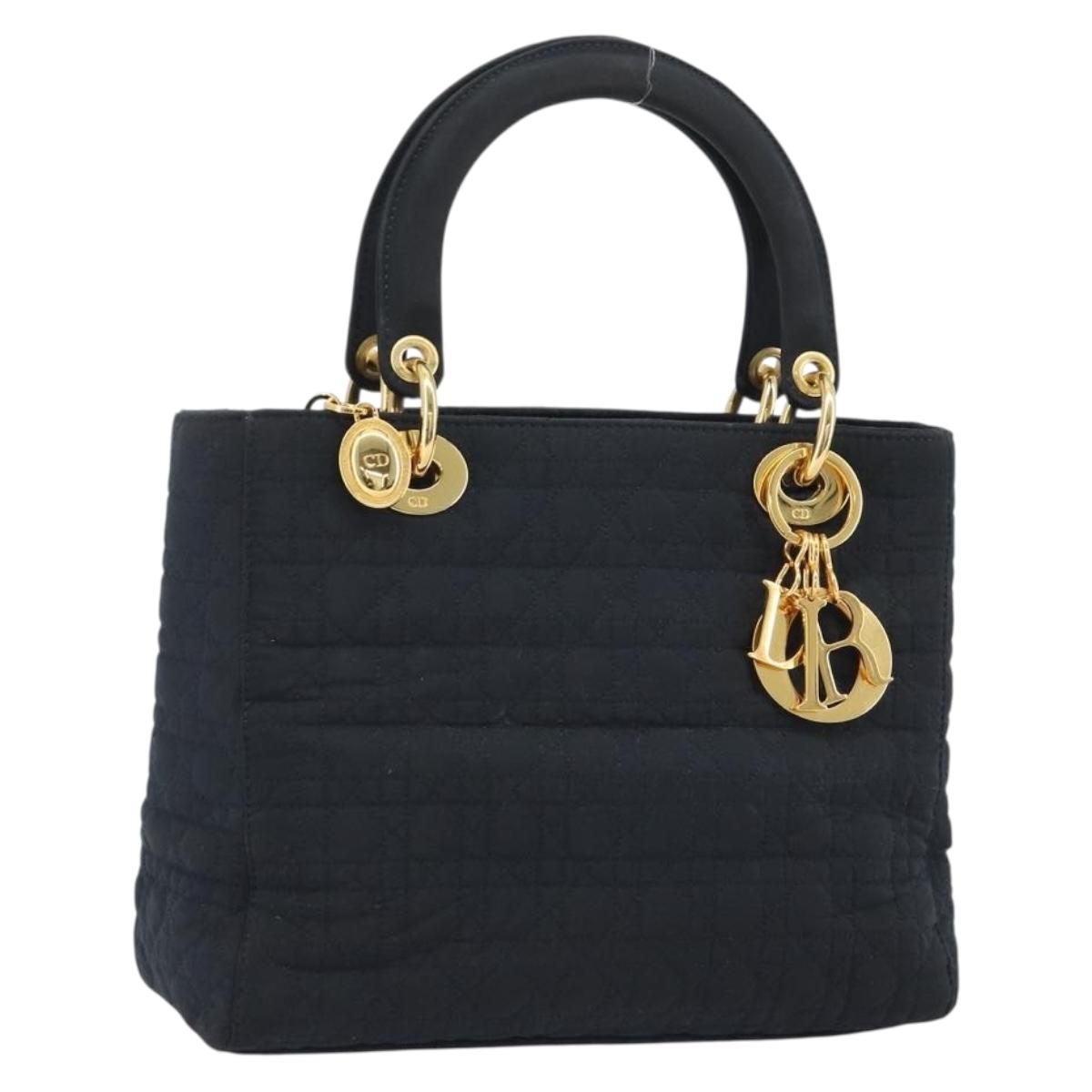 Christian Dior Lady Dior Canage Hand Bag Canvas Navy Gold Auth ep14942A