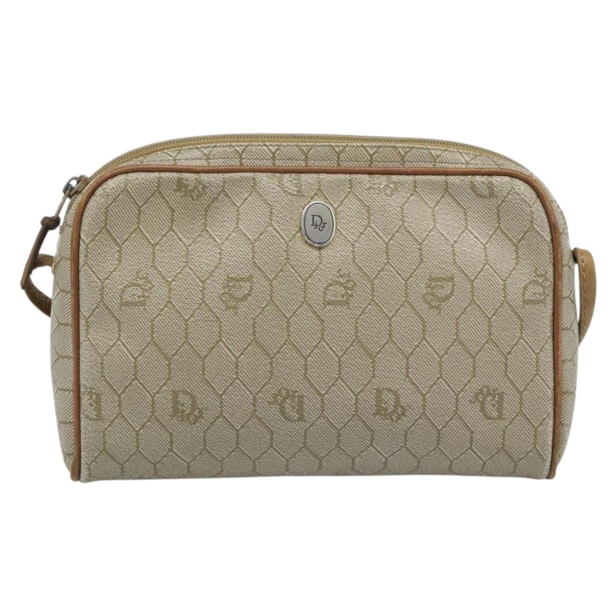 Christian Dior Honeycomb Canvas Shoulder Bag PVC Beige Gold Auth ep14966