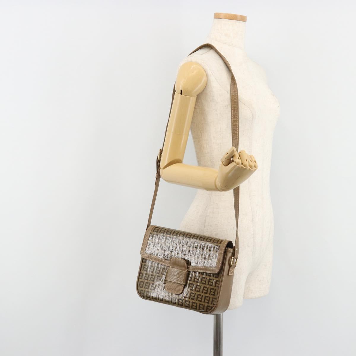 FENDI Zucchino Canvas Shoulder Bag Coated Canvas Beige Gold Auth ep14978