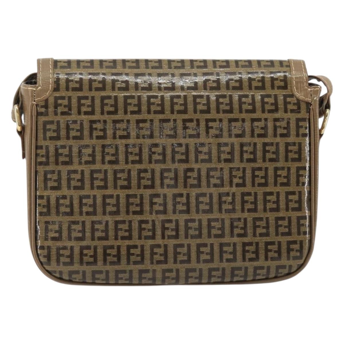 FENDI Zucchino Canvas Shoulder Bag Coated Canvas Beige Gold Auth ep14978