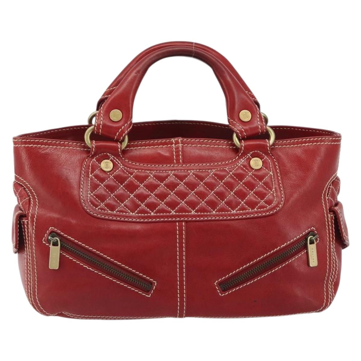CELINE Hand Bag Leather Red Gold Auth ep14985