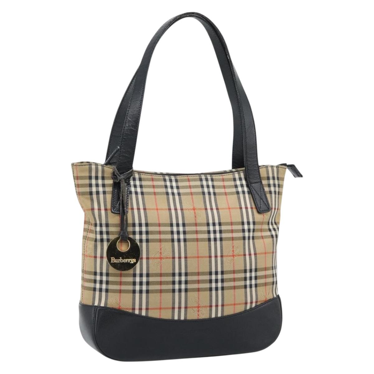 Burberrys Nova Check Hand Bag Canvas Beige Gold Auth ep14987