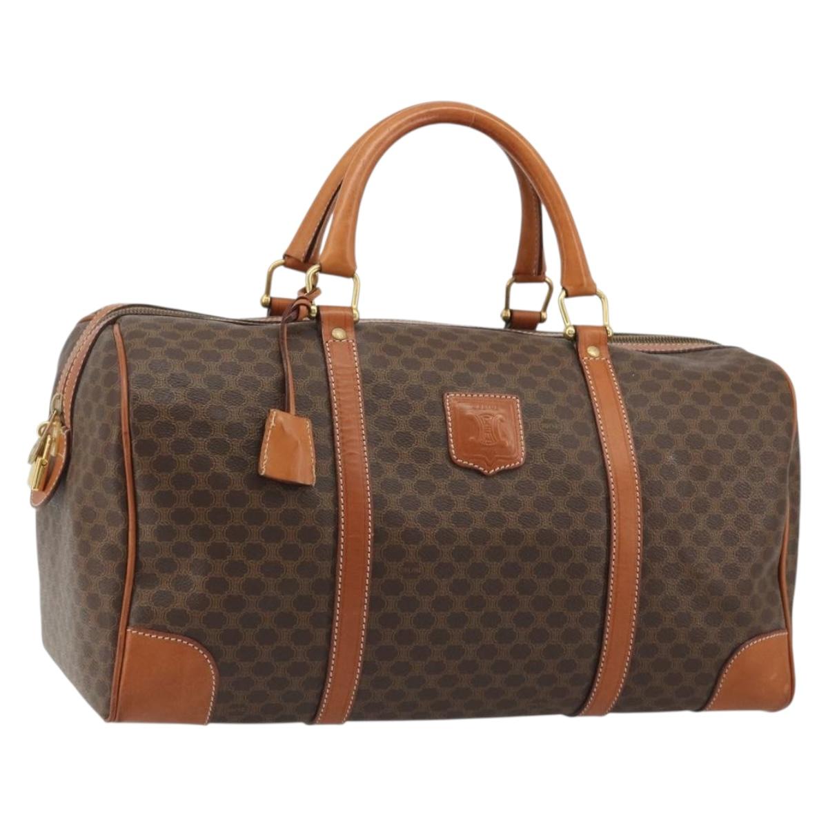 CELINE Macadam Canvas Boston Bag PVC Leather Brown Gold Auth ep14989A
