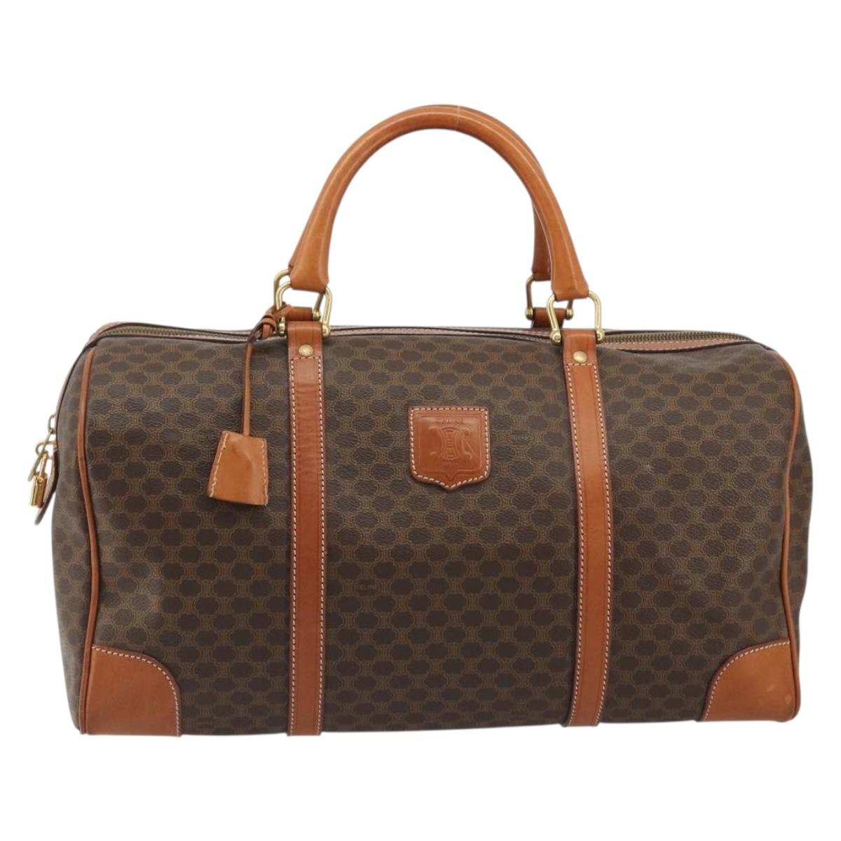 CELINE Macadam Canvas Boston Bag PVC Leather Brown Gold Auth ep14989A