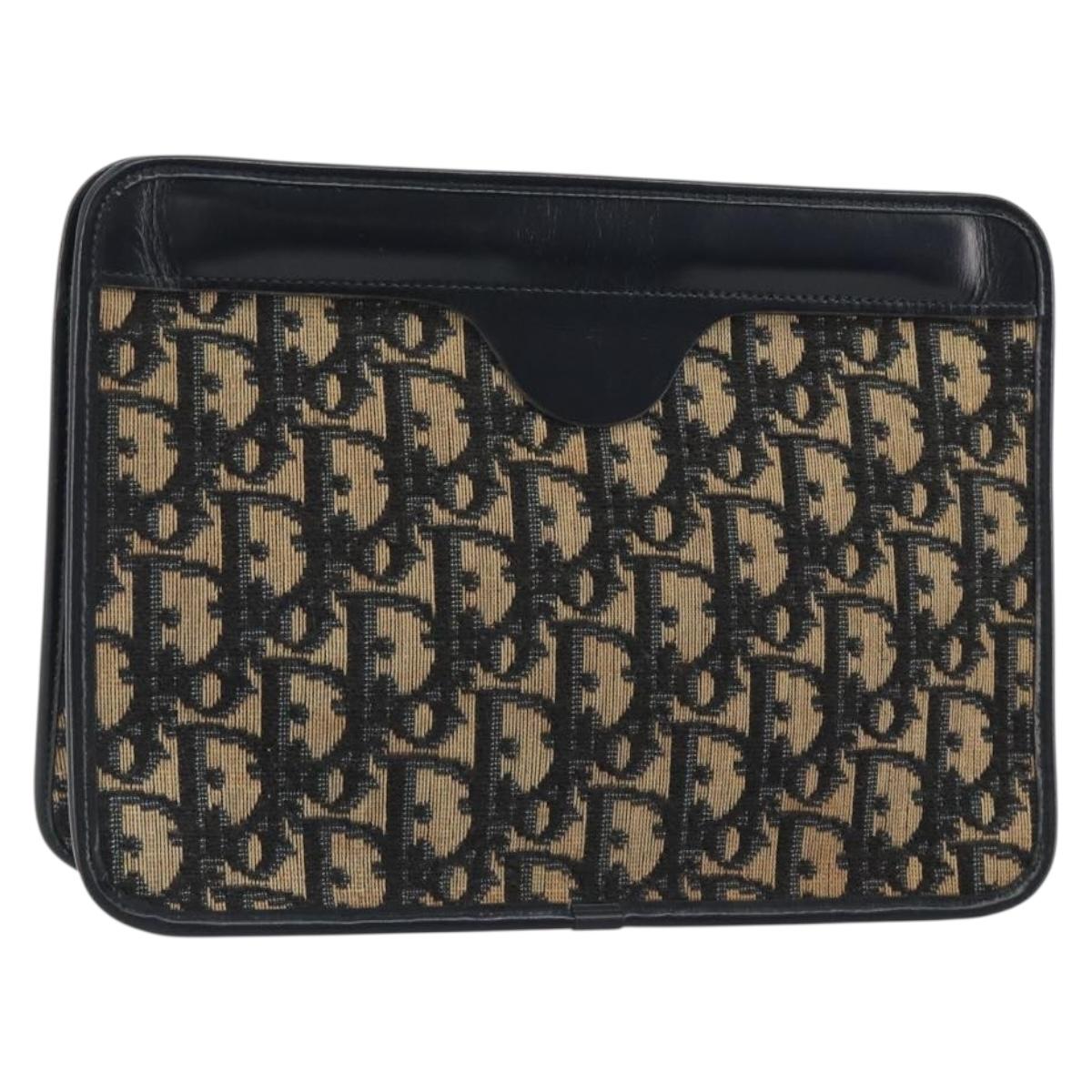 Christian Dior Trotter Canvas Clutch Bag Navy Gold Auth ep14992