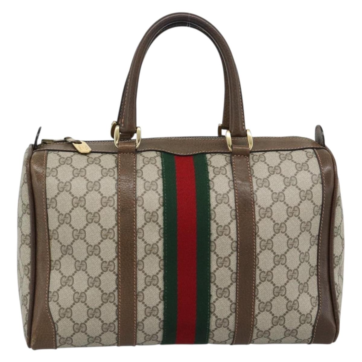 GUCCI GG Supreme Web Sherry Line Boston Bag PVC Beige Gold Auth ep15012